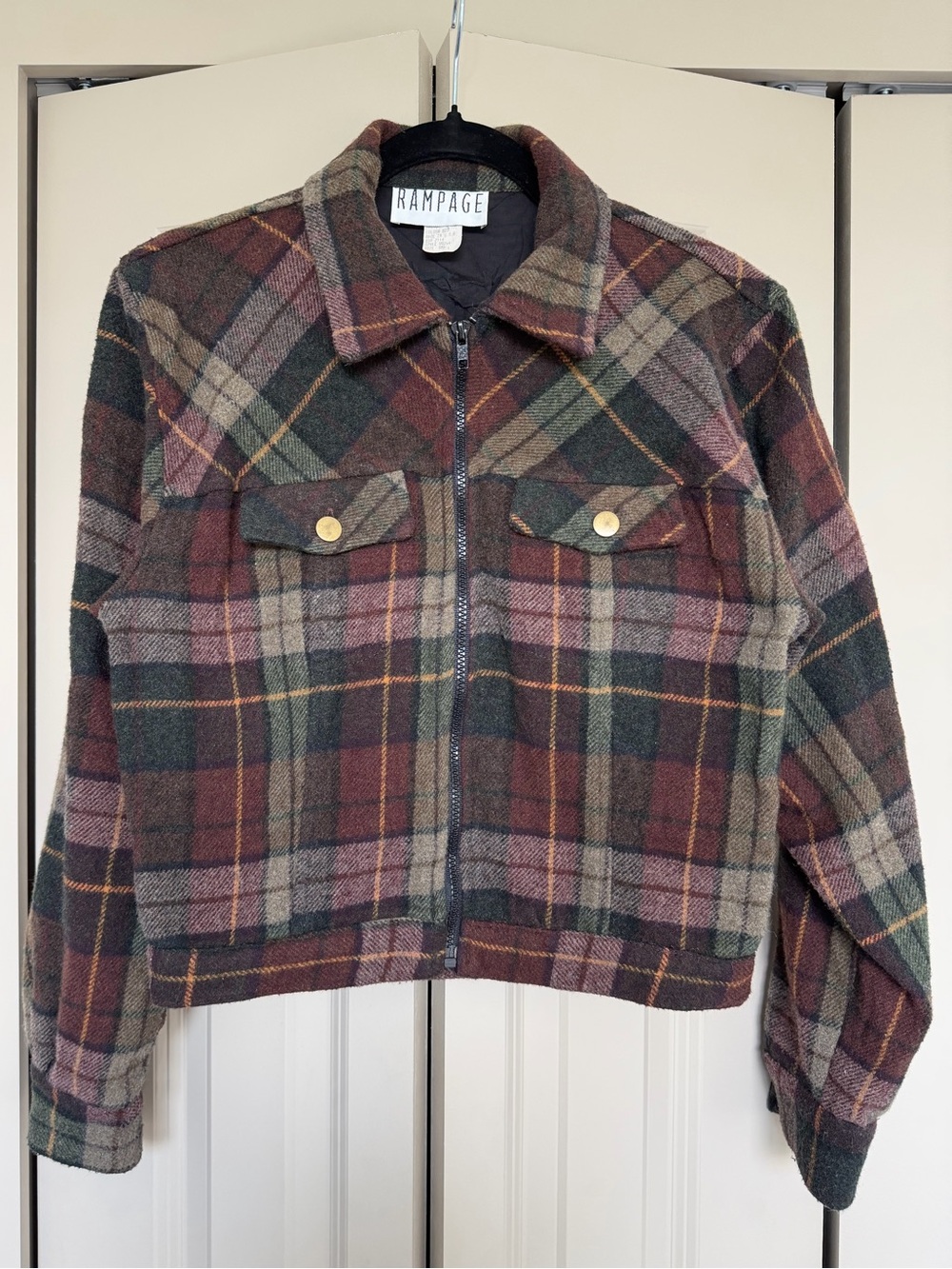 Rampage Plaid Zip-Front Jacket in Green, Brown & Cream